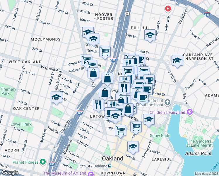 map of restaurants, bars, coffee shops, grocery stores, and more near 604 West Grand Avenue in Oakland