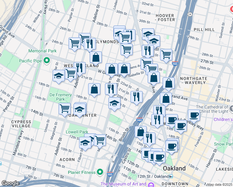 map of restaurants, bars, coffee shops, grocery stores, and more near 2000 Market Street in Oakland