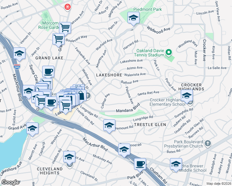 map of restaurants, bars, coffee shops, grocery stores, and more near 697 Calmar Avenue in Oakland