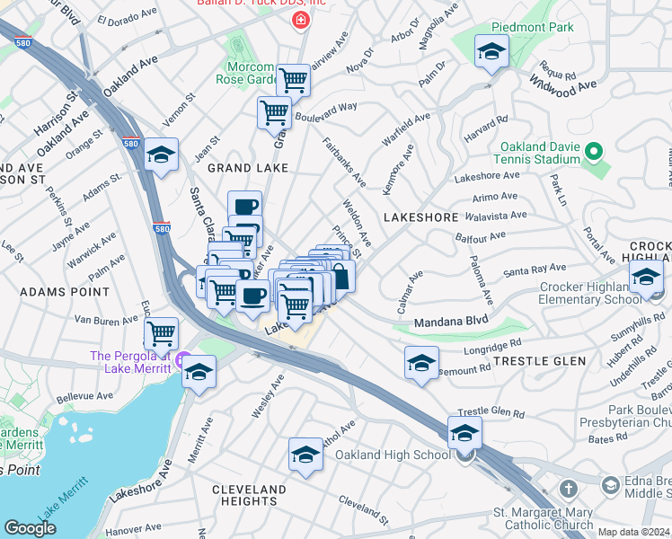 map of restaurants, bars, coffee shops, grocery stores, and more near 3505 Lakeshore Avenue in Oakland