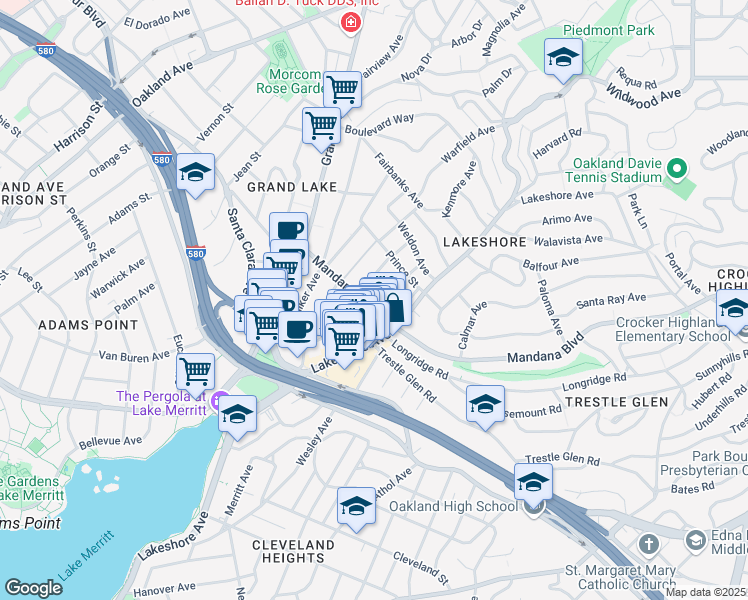 map of restaurants, bars, coffee shops, grocery stores, and more near 3505 Lakeshore Avenue in Oakland