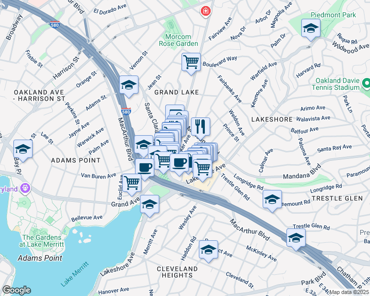 map of restaurants, bars, coffee shops, grocery stores, and more near 724 Warfield Avenue in Oakland