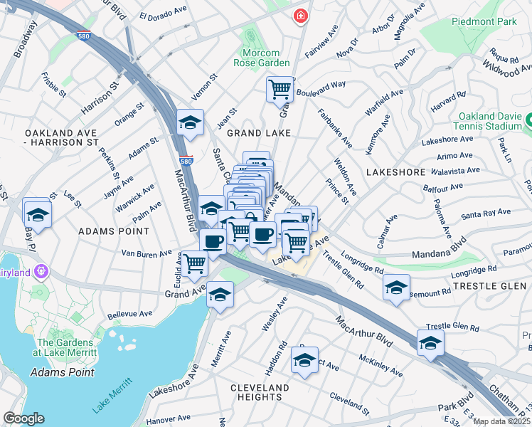 map of restaurants, bars, coffee shops, grocery stores, and more near 3242 Grand Avenue in Oakland