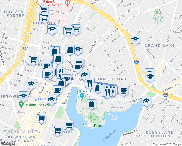 map of restaurants, bars, coffee shops, grocery stores, and more near 168 Montecito Avenue in Oakland