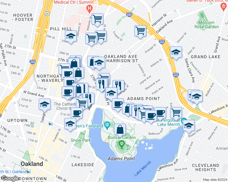 map of restaurants, bars, coffee shops, grocery stores, and more near 168 Montecito Avenue in Oakland
