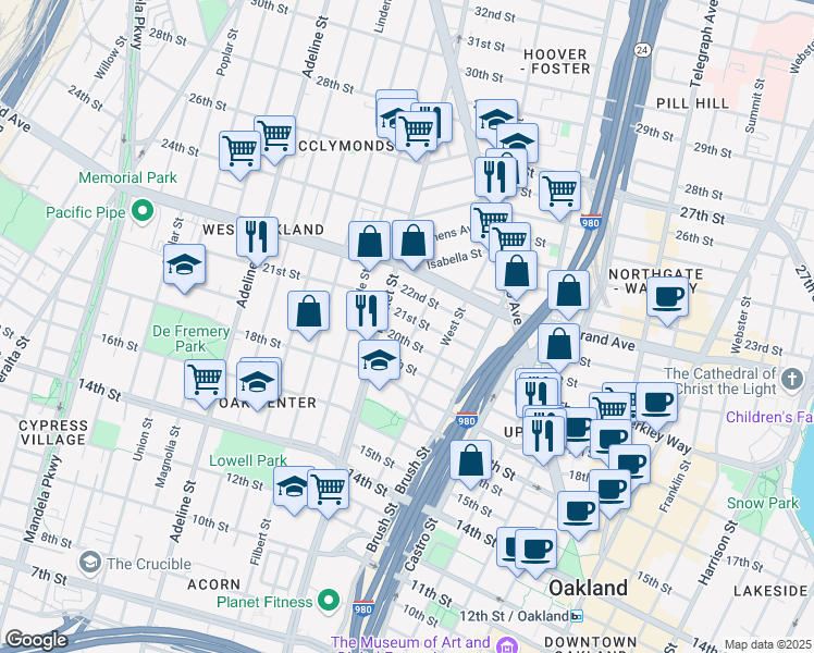 map of restaurants, bars, coffee shops, grocery stores, and more near 857 20th Street in Oakland