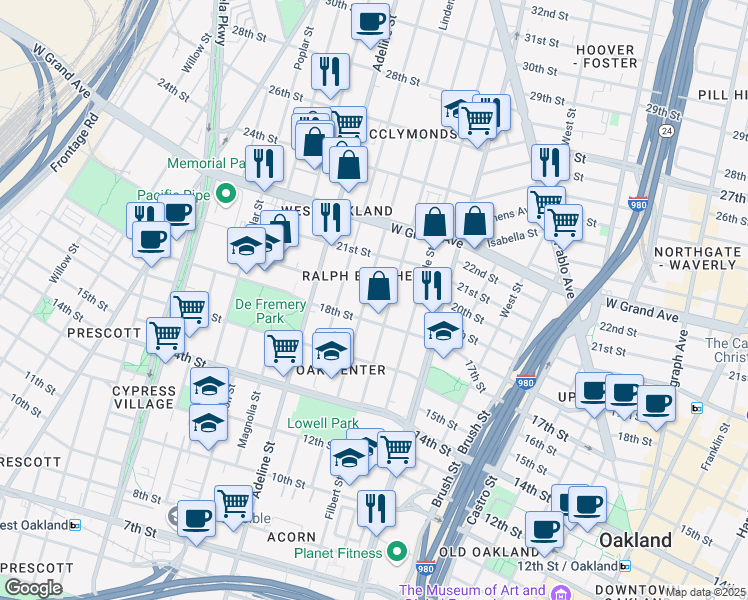 map of restaurants, bars, coffee shops, grocery stores, and more near 1805 Linden Street in Oakland