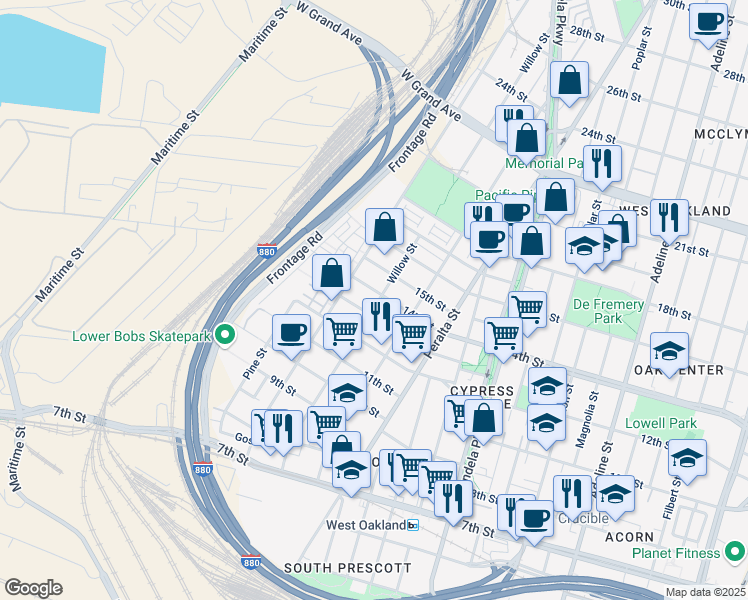 map of restaurants, bars, coffee shops, grocery stores, and more near 1365 Willow Street in Oakland