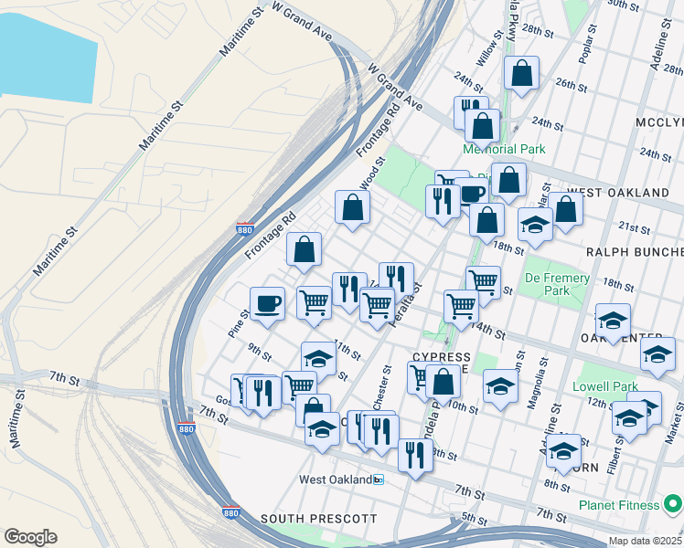 map of restaurants, bars, coffee shops, grocery stores, and more near 1365 Willow Street in Oakland