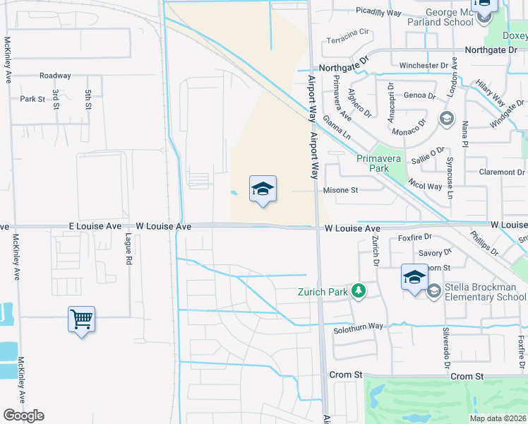 map of restaurants, bars, coffee shops, grocery stores, and more near 2271 West Louise Avenue in Manteca