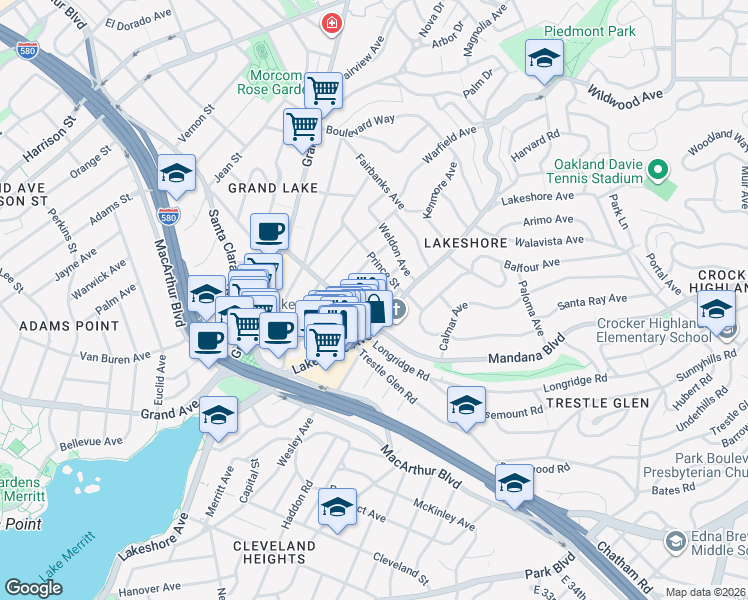 map of restaurants, bars, coffee shops, grocery stores, and more near 3505 Lakeshore Avenue in Oakland