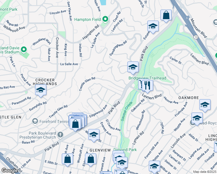 map of restaurants, bars, coffee shops, grocery stores, and more near 1131 Hollywood Avenue in Oakland