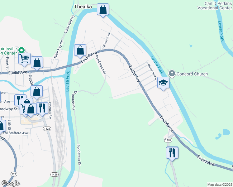 map of restaurants, bars, coffee shops, grocery stores, and more near 170 Euclid Avenue in Paintsville