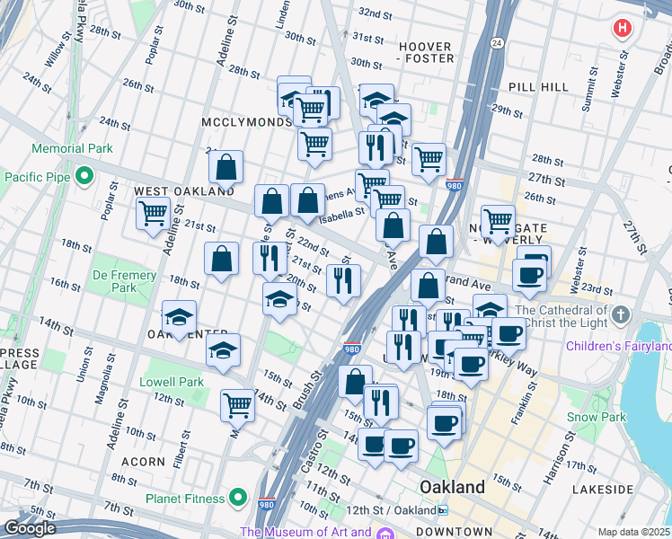 map of restaurants, bars, coffee shops, grocery stores, and more near 2017 West Street in Oakland
