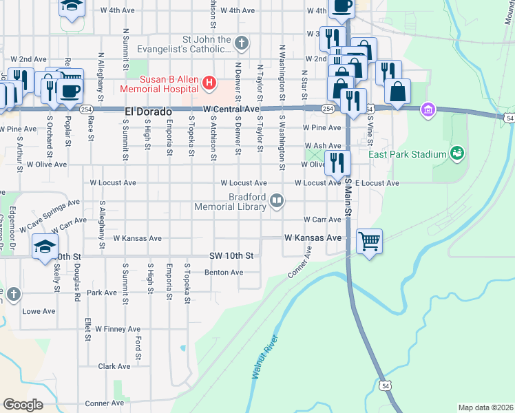 map of restaurants, bars, coffee shops, grocery stores, and more near 409 West Carr Avenue in El Dorado