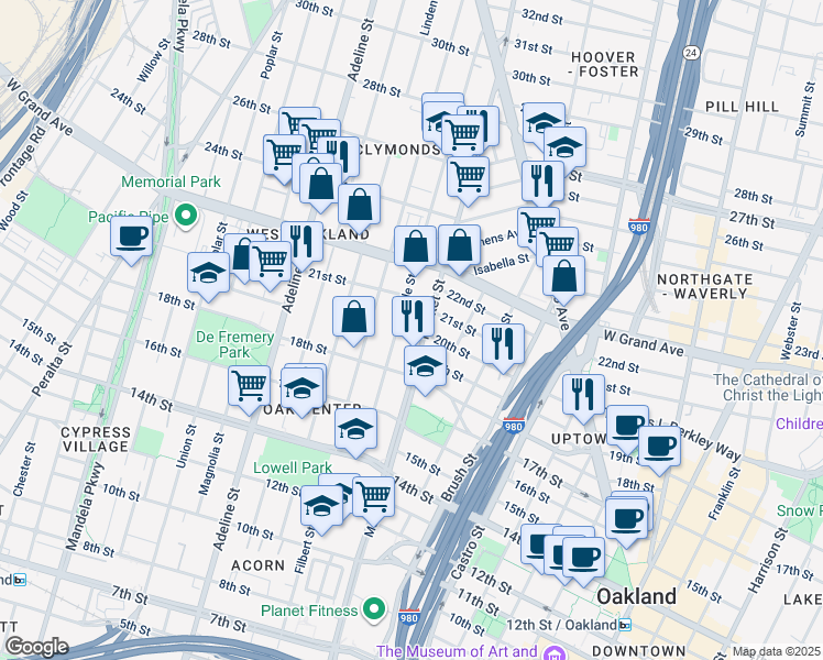 map of restaurants, bars, coffee shops, grocery stores, and more near 1909 Market Street in Oakland