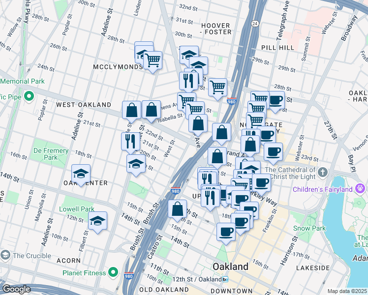 map of restaurants, bars, coffee shops, grocery stores, and more near 756 21st Street in Oakland