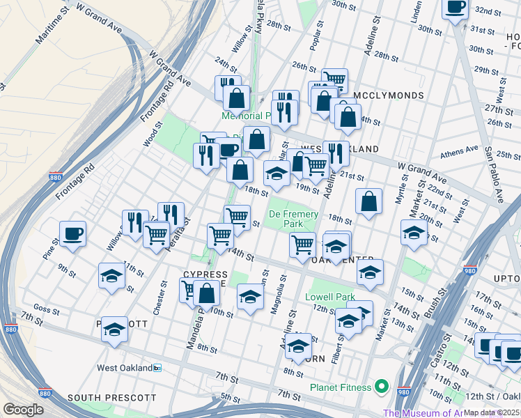 map of restaurants, bars, coffee shops, grocery stores, and more near 1601 Poplar St in Oakland