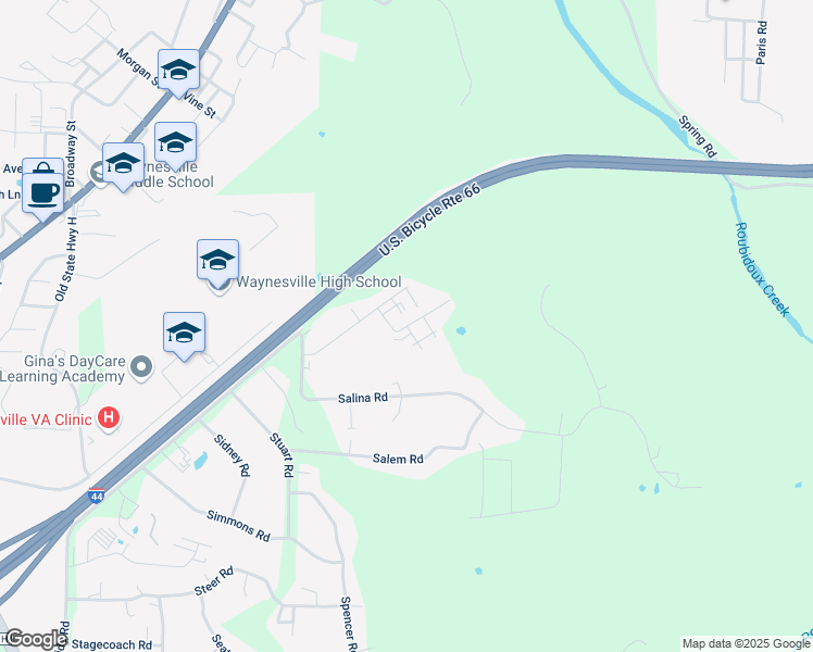 map of restaurants, bars, coffee shops, grocery stores, and more near 24444 Sounder Lane in Waynesville