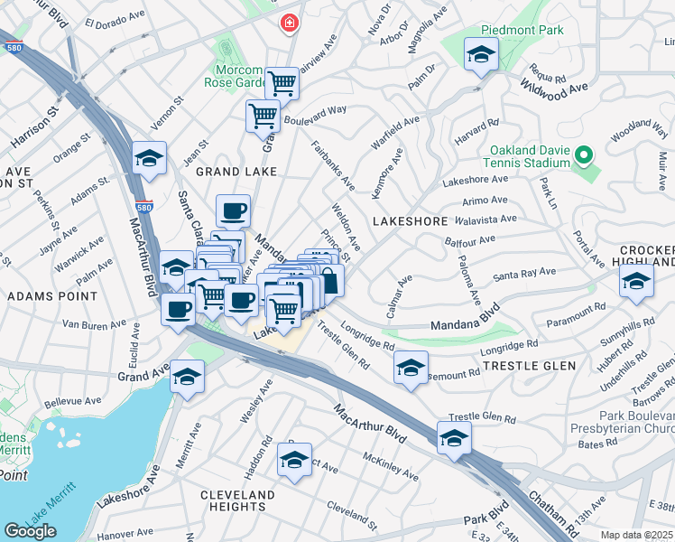 map of restaurants, bars, coffee shops, grocery stores, and more near 3505 Lakeshore Avenue in Oakland