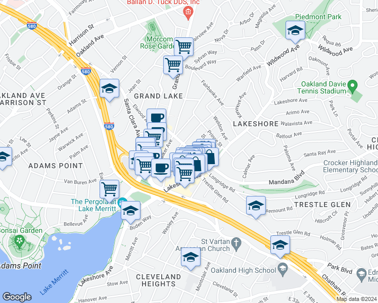 map of restaurants, bars, coffee shops, grocery stores, and more near 550 Glen View Avenue in Oakland