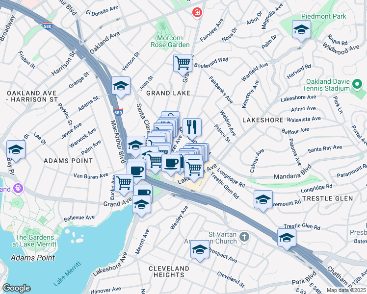 map of restaurants, bars, coffee shops, grocery stores, and more near 724 Warfield Avenue in Oakland