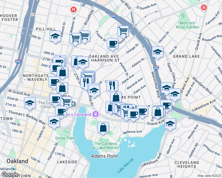 map of restaurants, bars, coffee shops, grocery stores, and more near 280 Lenox Avenue in Oakland