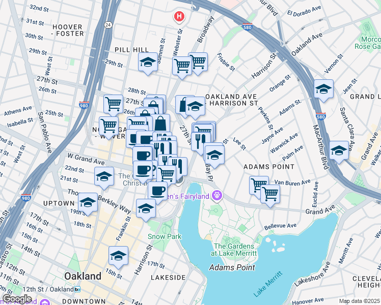 map of restaurants, bars, coffee shops, grocery stores, and more near 2333 Harrison Street in Oakland