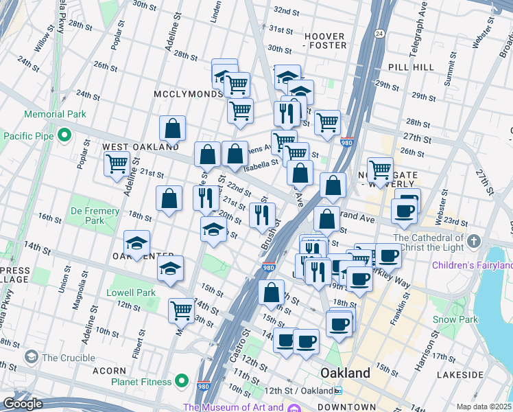 map of restaurants, bars, coffee shops, grocery stores, and more near 2017 West Street in Oakland