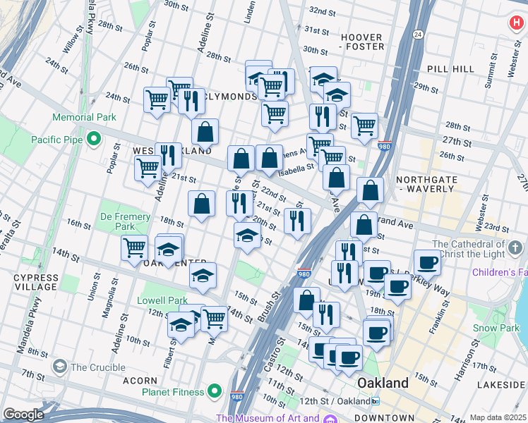 map of restaurants, bars, coffee shops, grocery stores, and more near 857 20th Street in Oakland