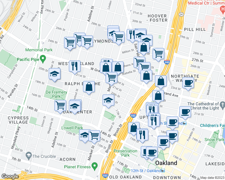 map of restaurants, bars, coffee shops, grocery stores, and more near 857 20th Street in Oakland