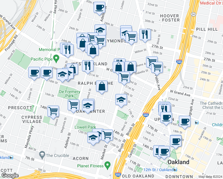 map of restaurants, bars, coffee shops, grocery stores, and more near 1818 Filbert Street in Oakland