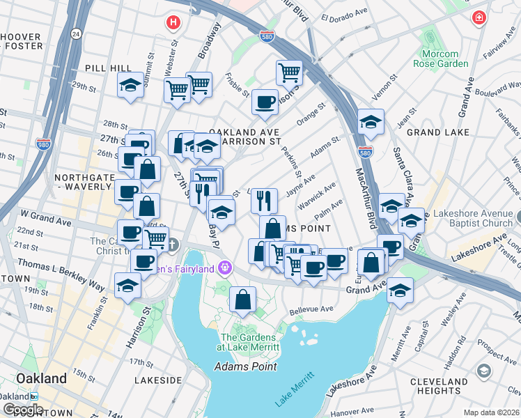 map of restaurants, bars, coffee shops, grocery stores, and more near 250 Montecito Avenue in Oakland