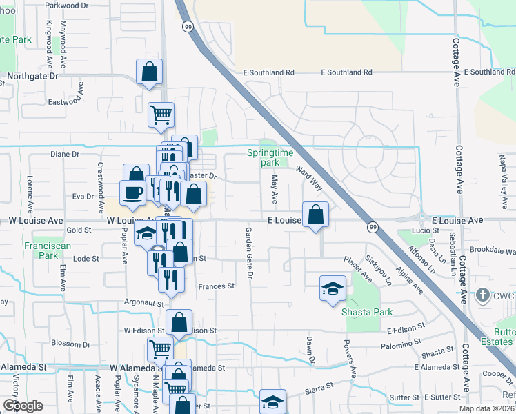 map of restaurants, bars, coffee shops, grocery stores, and more near 426 Swallow Court in Manteca