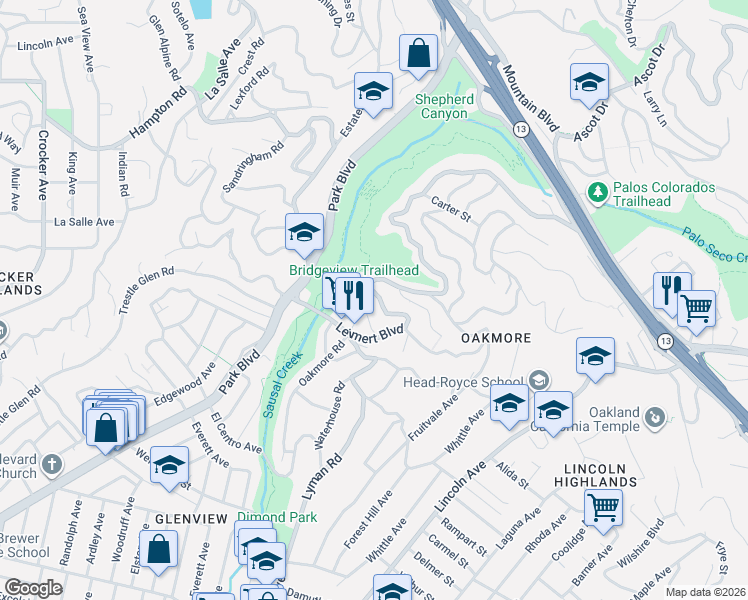 map of restaurants, bars, coffee shops, grocery stores, and more near 4338 Bridgeview Drive in Oakland