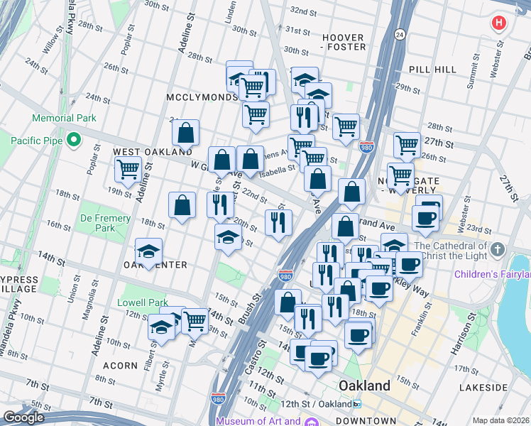 map of restaurants, bars, coffee shops, grocery stores, and more near 2017 West Street in Oakland