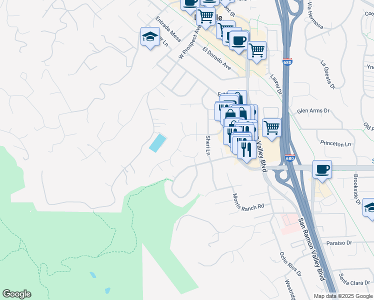 map of restaurants, bars, coffee shops, grocery stores, and more near 7 Avon Court in Danville