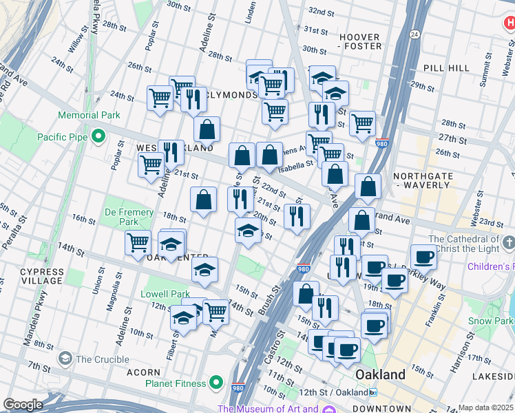 map of restaurants, bars, coffee shops, grocery stores, and more near 857 20th Street in Oakland