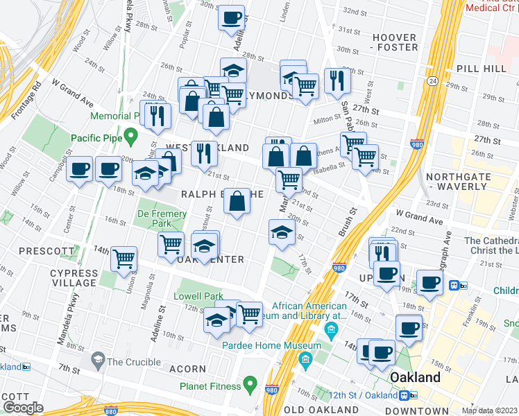 map of restaurants, bars, coffee shops, grocery stores, and more near 1923 Myrtle Street in Oakland