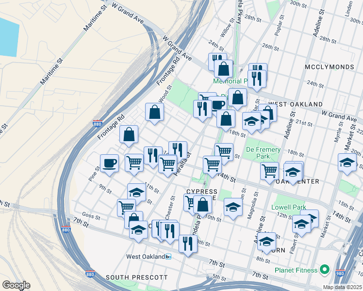 map of restaurants, bars, coffee shops, grocery stores, and more near 1503 Peralta Street in Oakland