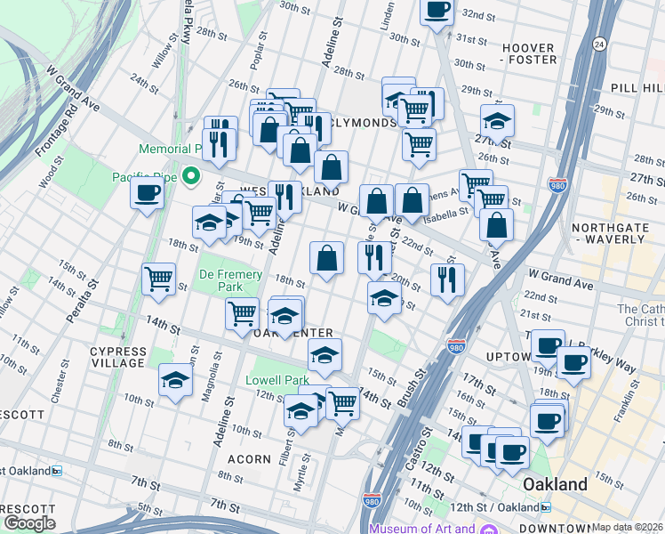 map of restaurants, bars, coffee shops, grocery stores, and more near 1917 Filbert Street in Oakland