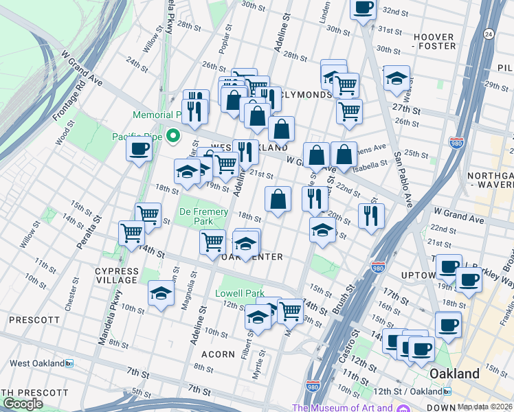 map of restaurants, bars, coffee shops, grocery stores, and more near 1801 Linden Street in Oakland