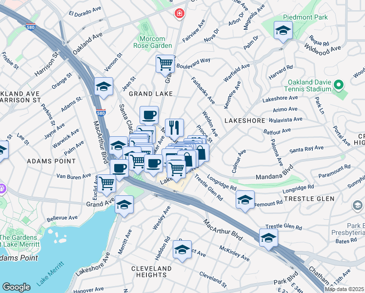 map of restaurants, bars, coffee shops, grocery stores, and more near Mandana Blvd & York St in Oakland