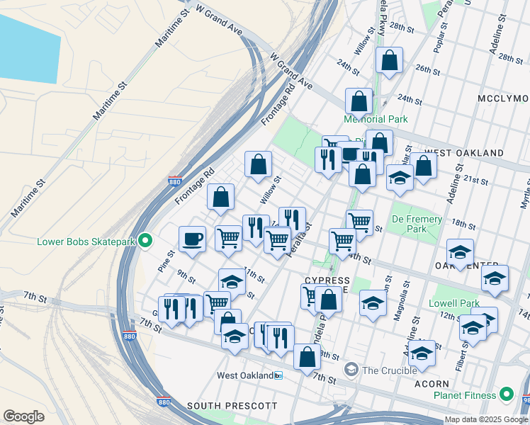 map of restaurants, bars, coffee shops, grocery stores, and more near 1365 Willow Street in Oakland