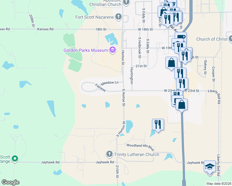 map of restaurants, bars, coffee shops, grocery stores, and more near 518 Fairway in Fort Scott