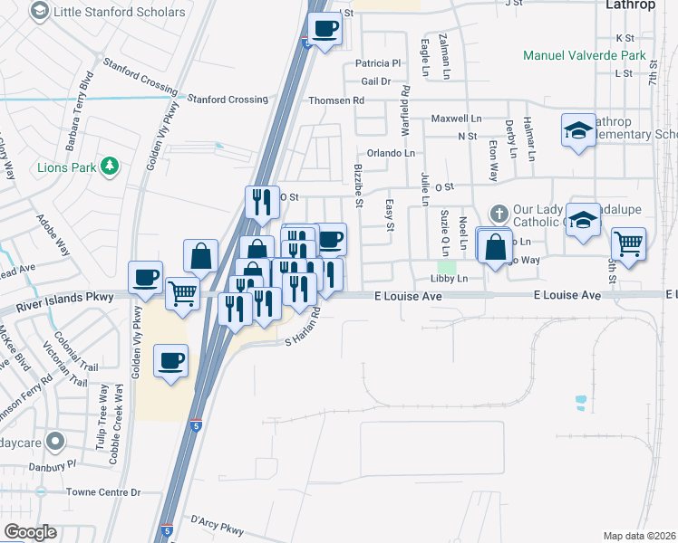 map of restaurants, bars, coffee shops, grocery stores, and more near 16455 Bizzibe Street in Lathrop