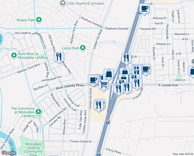 map of restaurants, bars, coffee shops, grocery stores, and more near 17894 Glen Arbor Way in Lathrop