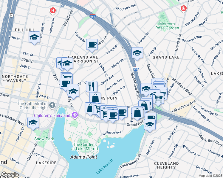 map of restaurants, bars, coffee shops, grocery stores, and more near 314 Warwick Avenue in Oakland
