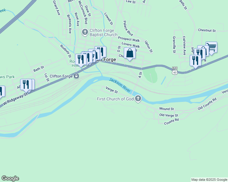 map of restaurants, bars, coffee shops, grocery stores, and more near 535 Verge Street in Clifton Forge