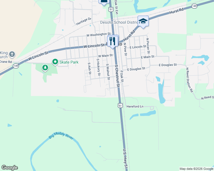 map of restaurants, bars, coffee shops, grocery stores, and more near 10 West Jackson Street in De Soto